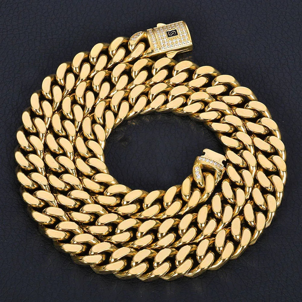 Polished Stainless Steel Cuban Chain Necklace with 14K Gold Plating for Men | Trendy Hip Hop Jewelry | Caratix Jewelry - CaratixJewelry